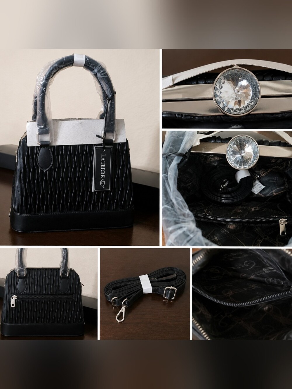 La Terre Black Structured Satchel Bag NWT Crystal Clasp Purse
